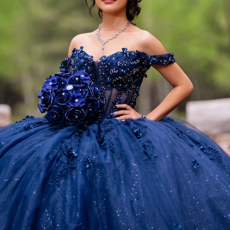 

Navy Blue Shiny Quinceanera Dresses Off The Shoulder Applique Flower Beading Crystal Tull Corset Party Birthday Sweet 16 Dress
