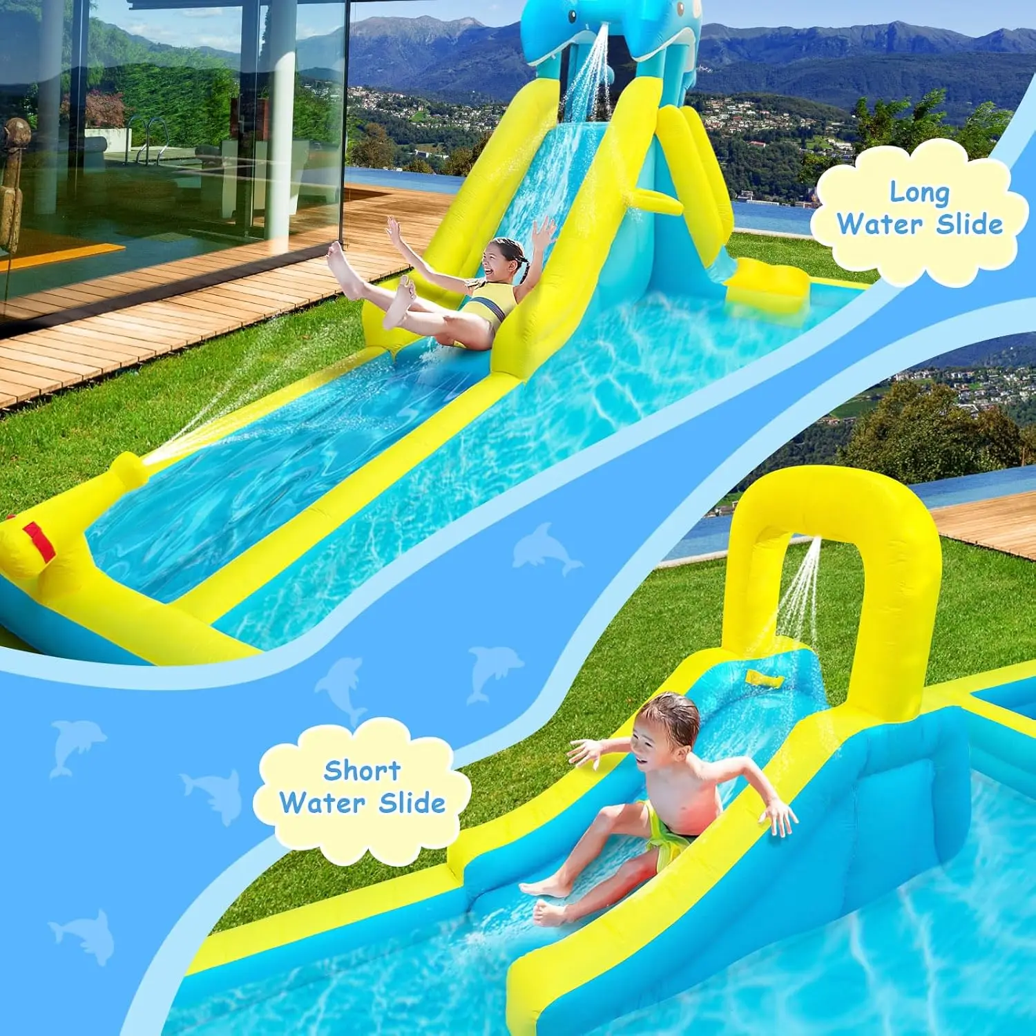 Aufblasbare Wasserrutsche, Delphin Styling Giant Bouncy Waterslide Park, mit extra langer Rutsche, Kletterwand, tiefer Pool, Wasserkanone