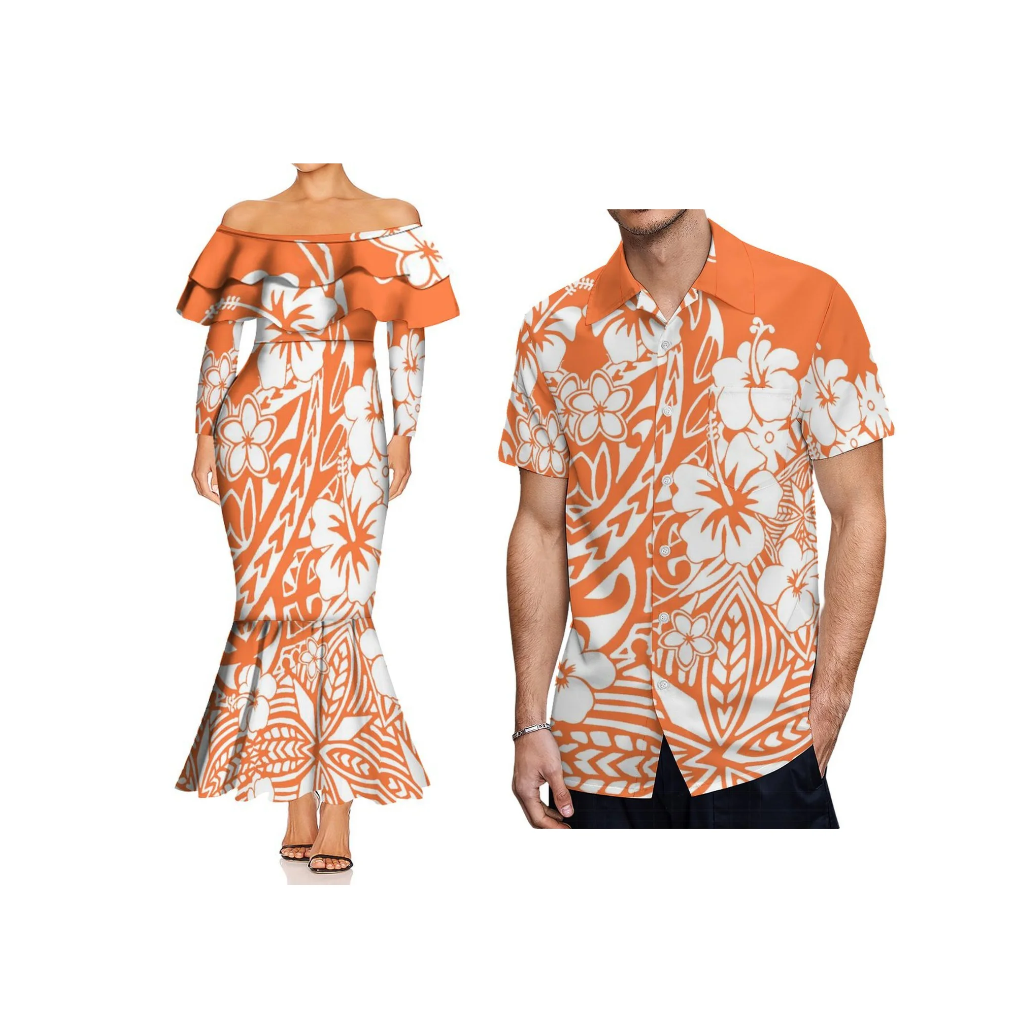 Print on Demand Fishtail-jurk met dubbele ruches en lange mouwen Hawaii-stijl ontwerp Dame off-shoulder zeemeermin galajurk Bodycon-jurk