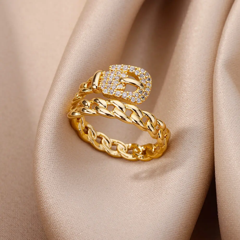 Belt Style Zircon Rings for Women 18K Gold Color Jewelry Fashion Accessories Aesthetic Open Adjustable Finger Ring Decoration