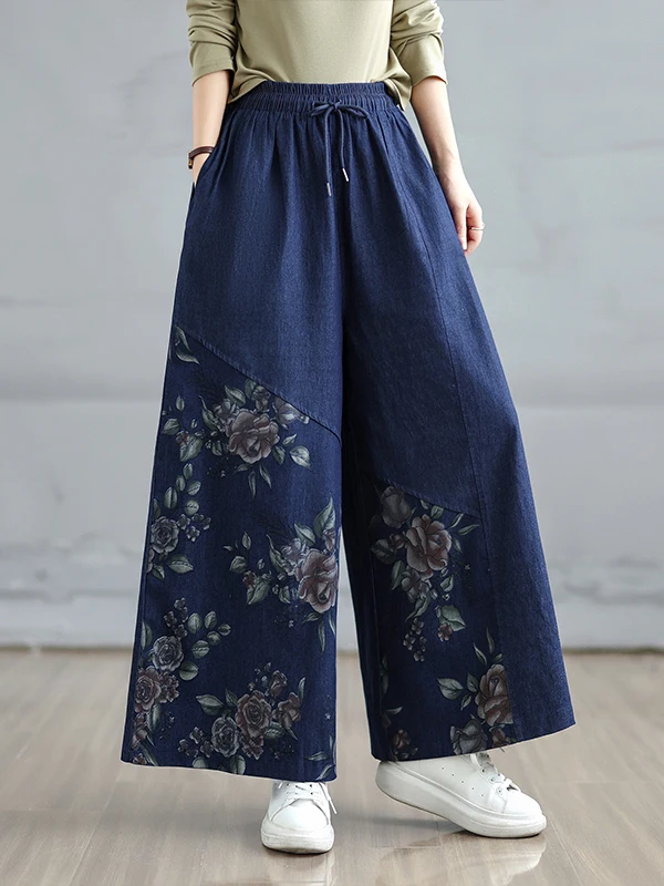 الرجعية الأزهار طباعة فضفاضة المرأة الجينز عالية الخصر مستقيم الساق عارضة السراويل تنوعا ربيع الخريف القطن البوليستر مزيج #4