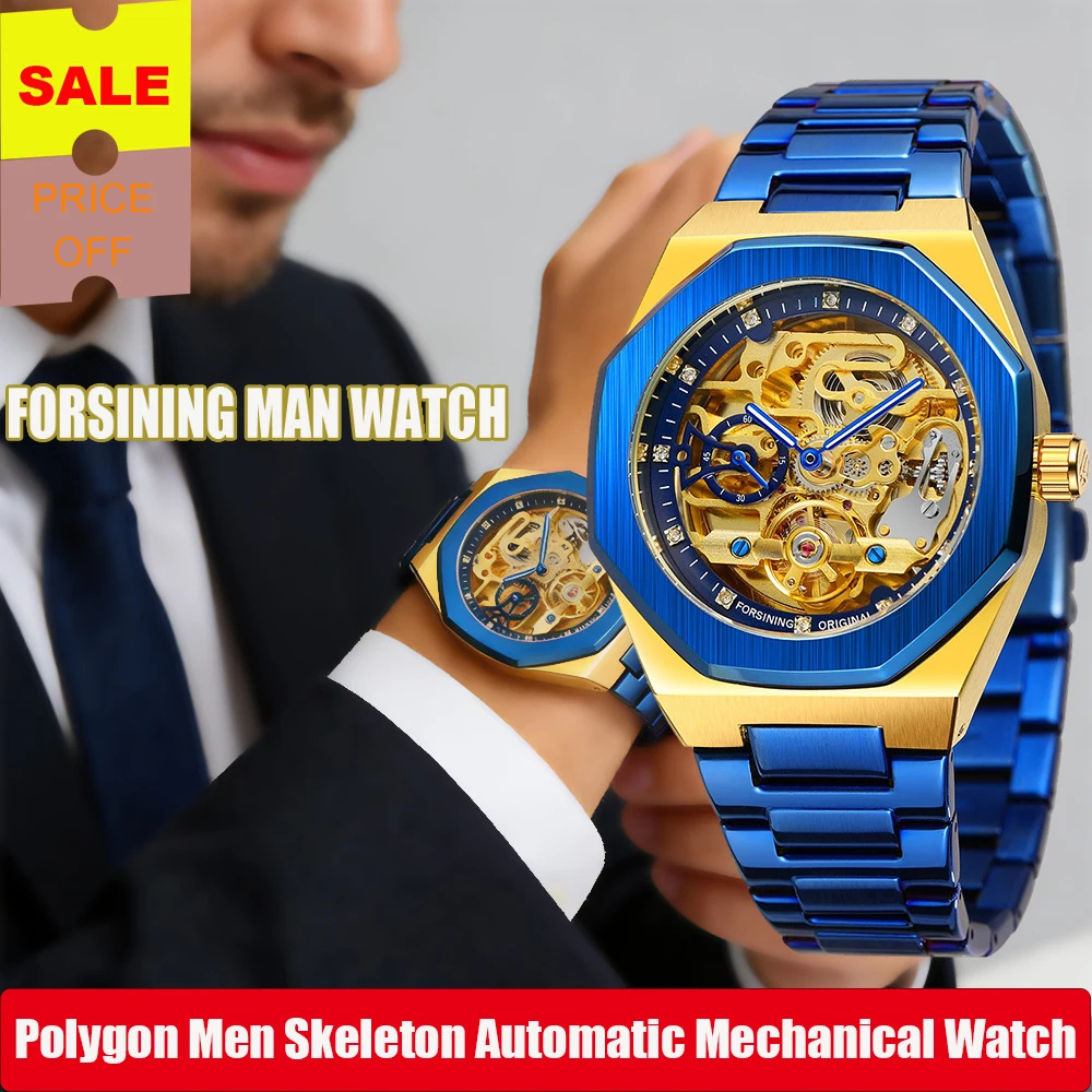 

FORSINING Trendy Polygon Men Skeleton Automatic Mechanical Watch Rhinestone Watch Stainless Steel Formal Business Man Wristwatch