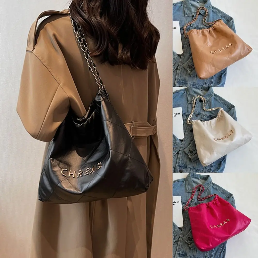 PU Shoulder Bags Casual Solid Color Lattice Handbags Chain Large Capacity Totes Bag Female