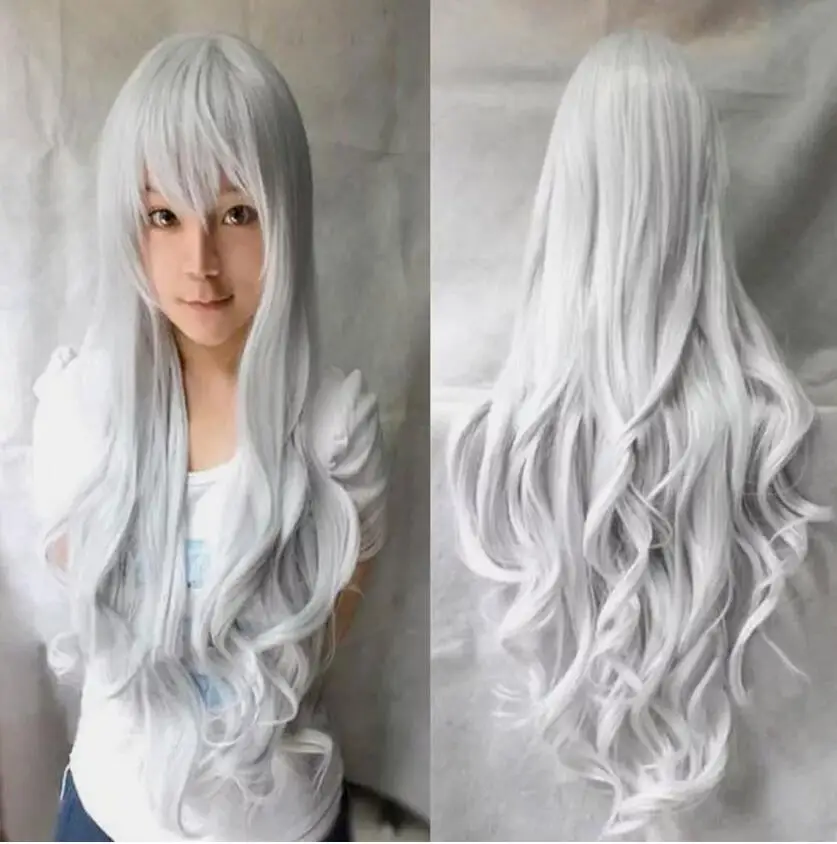 New Silver White Women's Wigs Long Curly Anime Cosplay Wigs 80cm/32" + Wig Cap