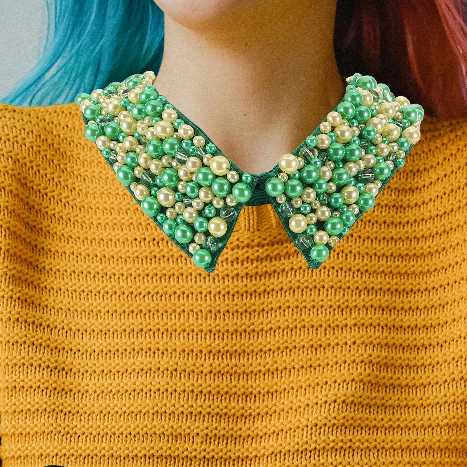 

Green Handmade Beaded Fake Collar for Women Detachable Tie Design Elegant Decorative Dickey Collar for Party Dinner Casual Wear