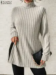 ZANZEA Blouse Woman Trend 2024 Autumn Trutleneck Long Sleeve Women Tops Casual Solid Knitted Tops Slim Ribbed Blusas Work Shirt