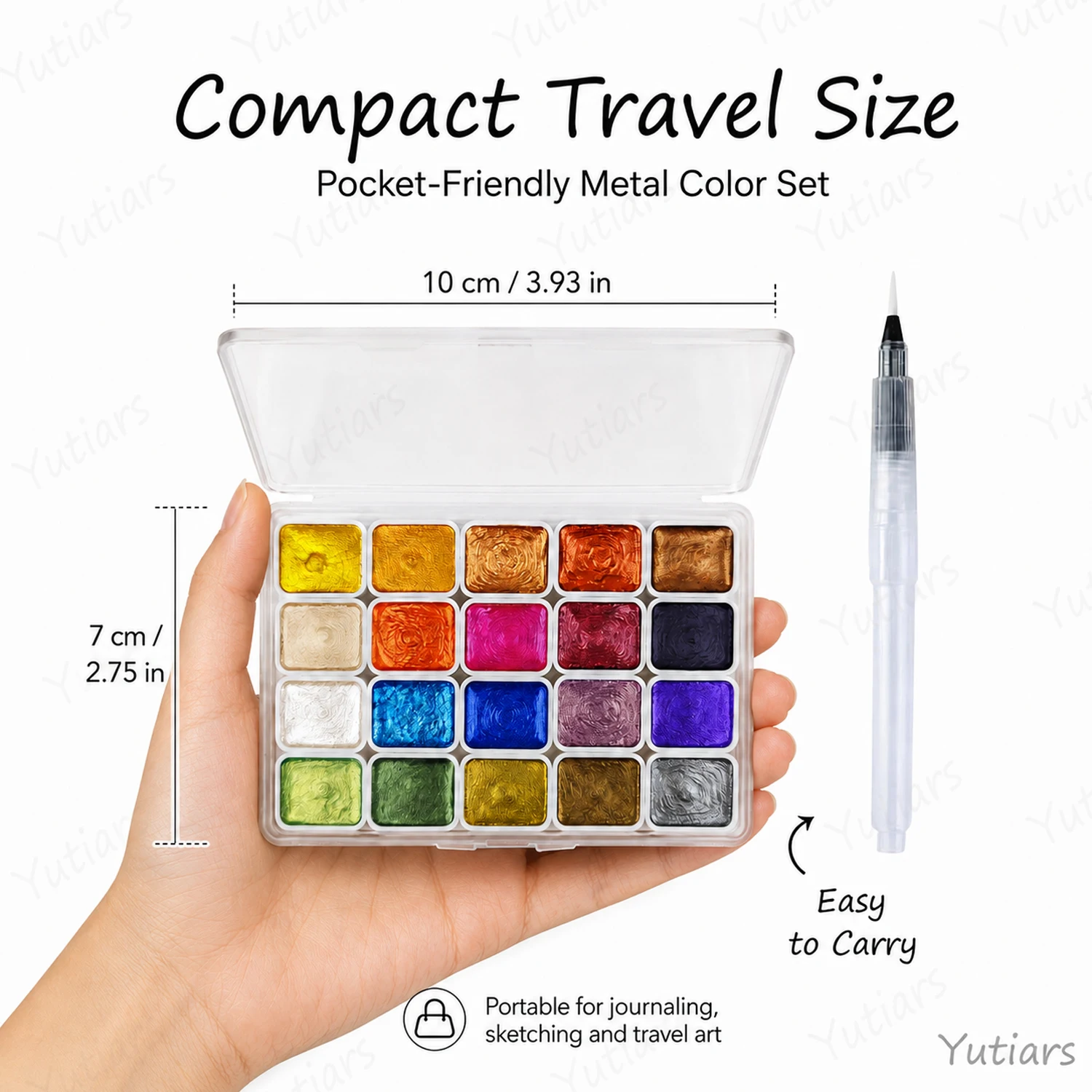 20 Colors Metallic Watercolor Paint Set Portable Solid Shimmer Palette with Water Brush Pen for Handmade Art Craft Painting