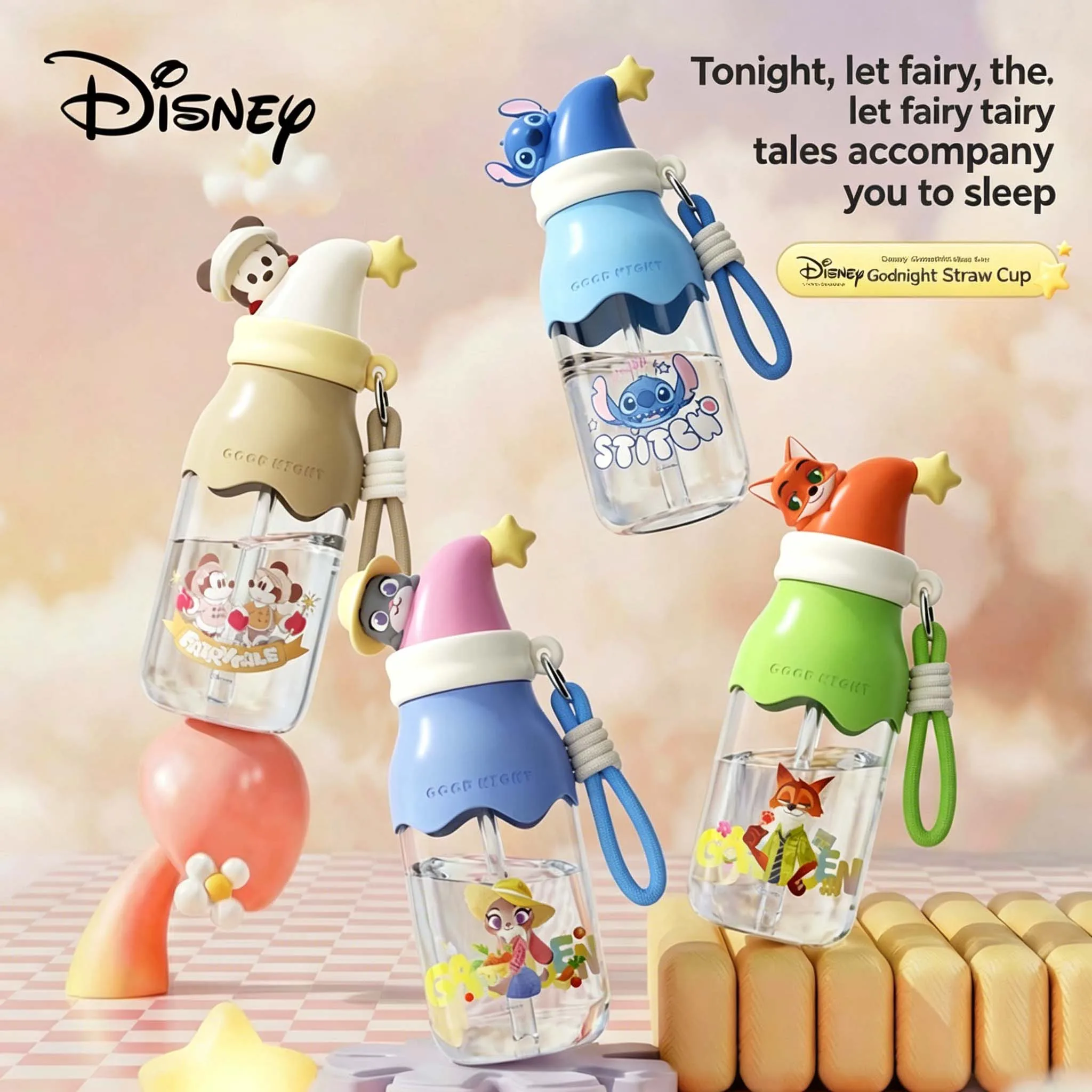 Disney Licensed Good Night Water Bottle 600ml Tritan 24.5cm Double Drink Straw Cup With Lanyard Leakproof Portable Tumbler