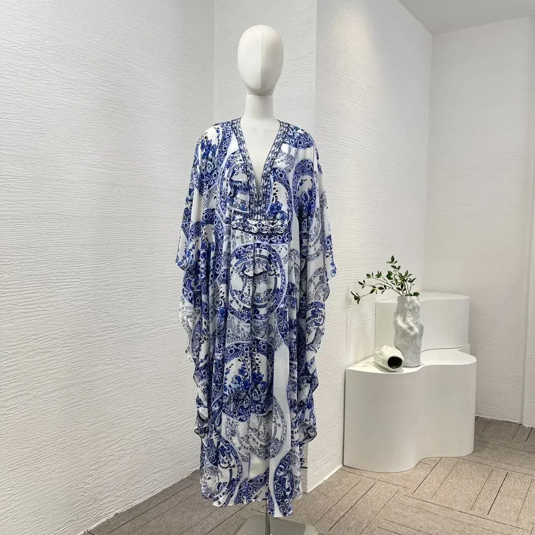 

White Women Collection 2024 Silk High Quality Re-tro Blue Floral Print Long Sleeve Diamonds Lace-up Women Loose Midi Dress