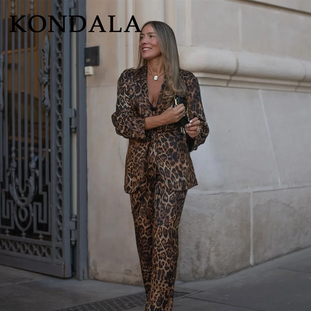 KONDALA 2025 Fall Winter Leopard Office Lady Suits Fashion Elegant Sashes Single Breasted Women Blazers Zip Up Straight Pants