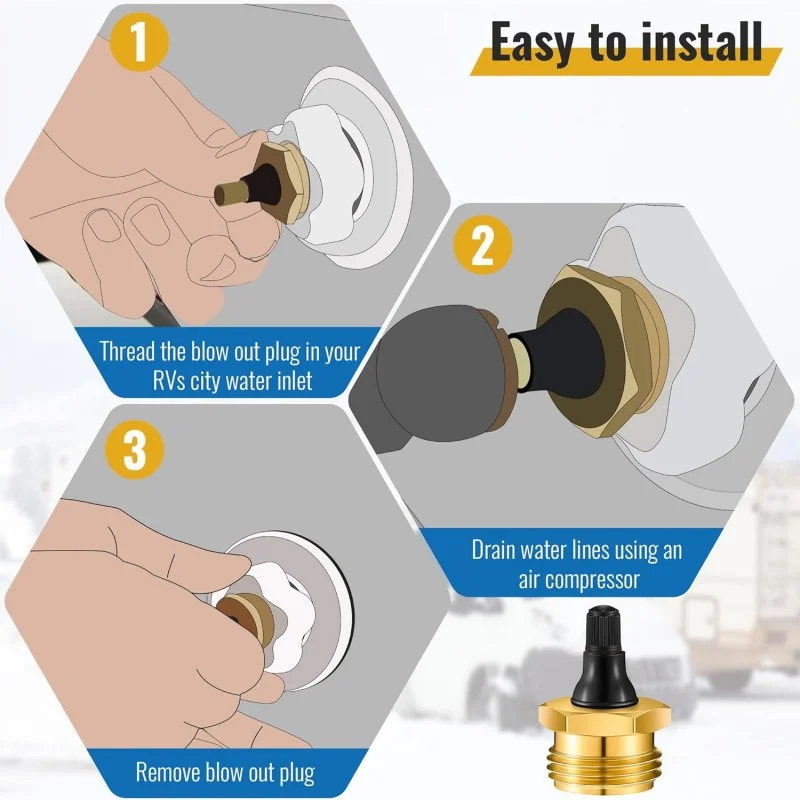

RV Blow Out Plug Brass Winterize Blow Out Adapter Fitting for Motorhome Travel Trailer Water Hose RV Camper Accessories