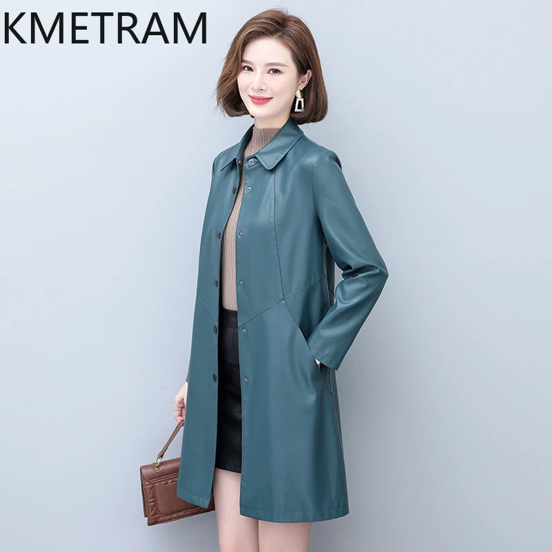 KMETRAM-Veste mi-longue en cuir de mouton véritable pour femme, vêtements coréens polyvalents, coupe couvertes, automne 2024