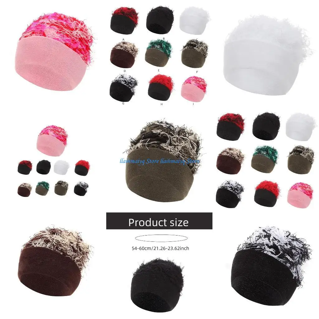 

573B Fashion Hat with Long Hair Knit Pullover Hat Hiphop Hat Autumn Winter Casual Hat Windproof Knitting Brimless Hat