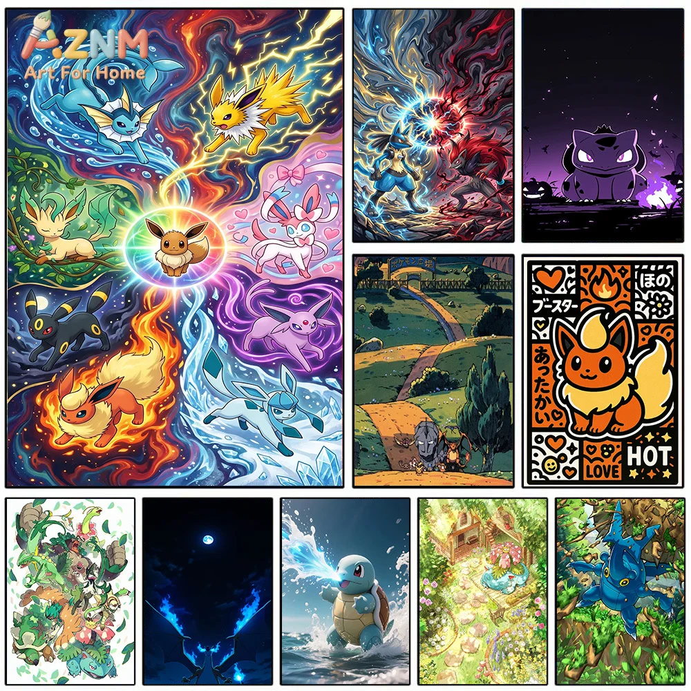 AZNM Pokemon Eevee Evolutions Swirl Galaxy Anime Art mural sur toile sans cadre Décoration d'intérieur