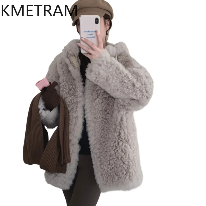 KMETRAM Natural Tuscany Sheepskin with Wool Attached Jacket Woman Reversible Real Fur Coat Hooded New in Coats Winter Clothing