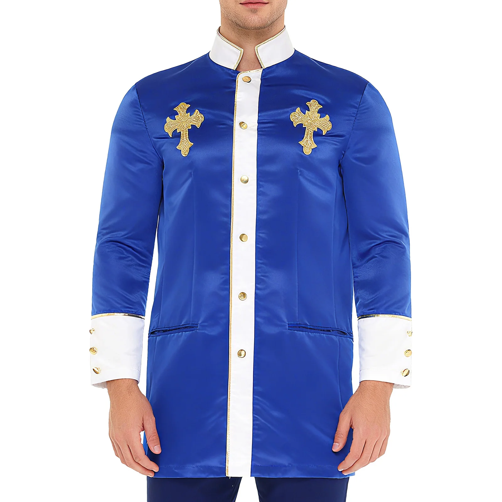 

Men Clergy Priest Medieval Prince Kings Cosplay Jackets Robe Cross Embroidery Long Sleeve Shirt Tops for Halloween Carnival