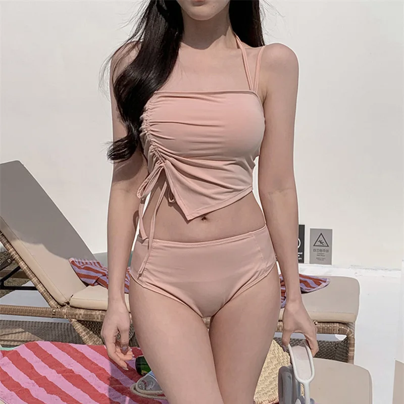 Biquínis sexy de cintura alta feminino, maiô de duas peças, moda praia com cordão, roupas de banho, biquíni coreano, piscina, novo, 2024