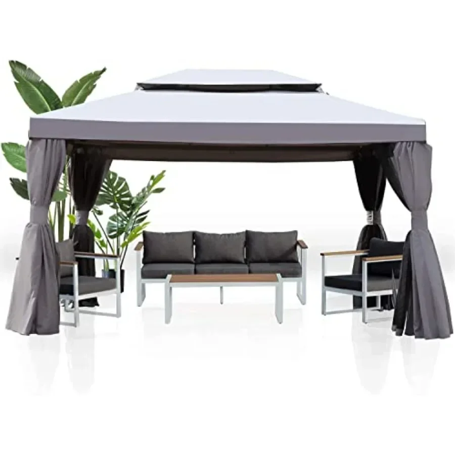 10x13 Outdoor Gazebo for Patios with Mosquito Netting and Curtains in Beige Durable Polyester  for Deck Backyard Garden Lawns