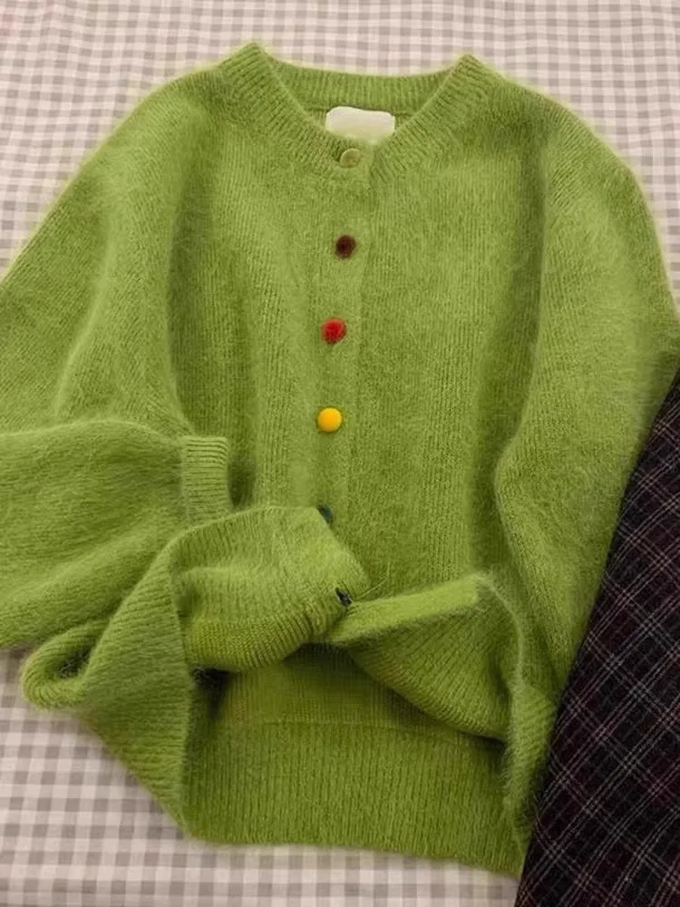 Autumn and Winter Retro Green Crew Neck Single-breasted Holiday Sweater Women's Long-sleeved Versatile Knitted Cardigan Top