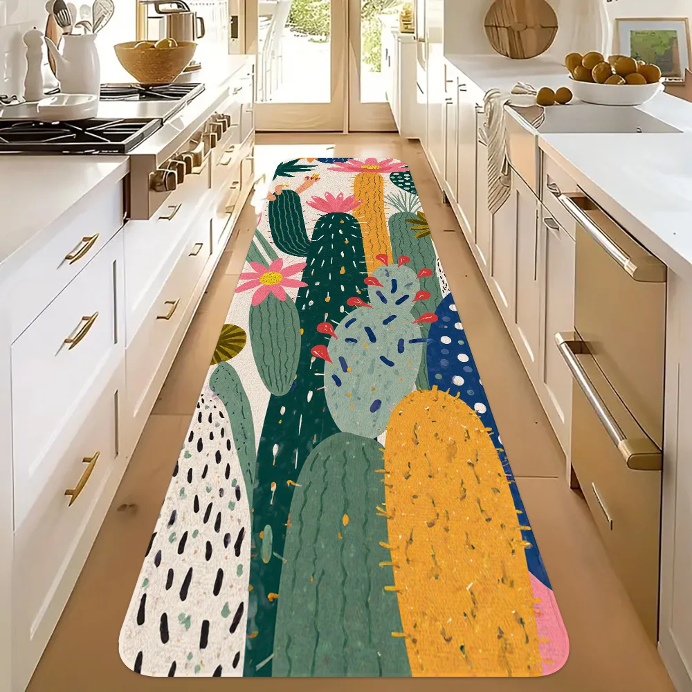 Vibrant Cartoon Cactus Pink Bloom Polka Dot Runner Rug, Non-Slip Mat for Kitchen Hallway Bathroom Daily Desert Holiday Decor
