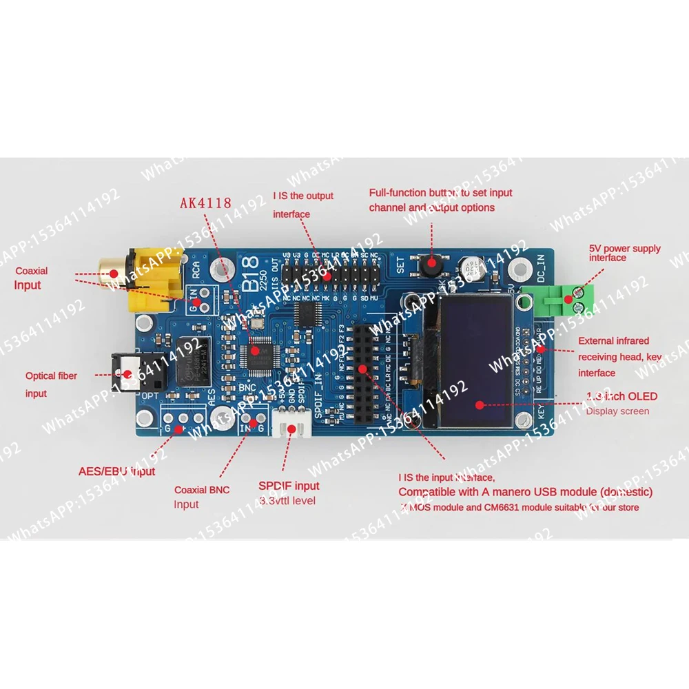 AK4118 Receiver Board USB Bluetooth Coaxial Fiber To IIS Support XMOS/Amanero USB with 1.3/2.4 Inch OLED Display Remote Control