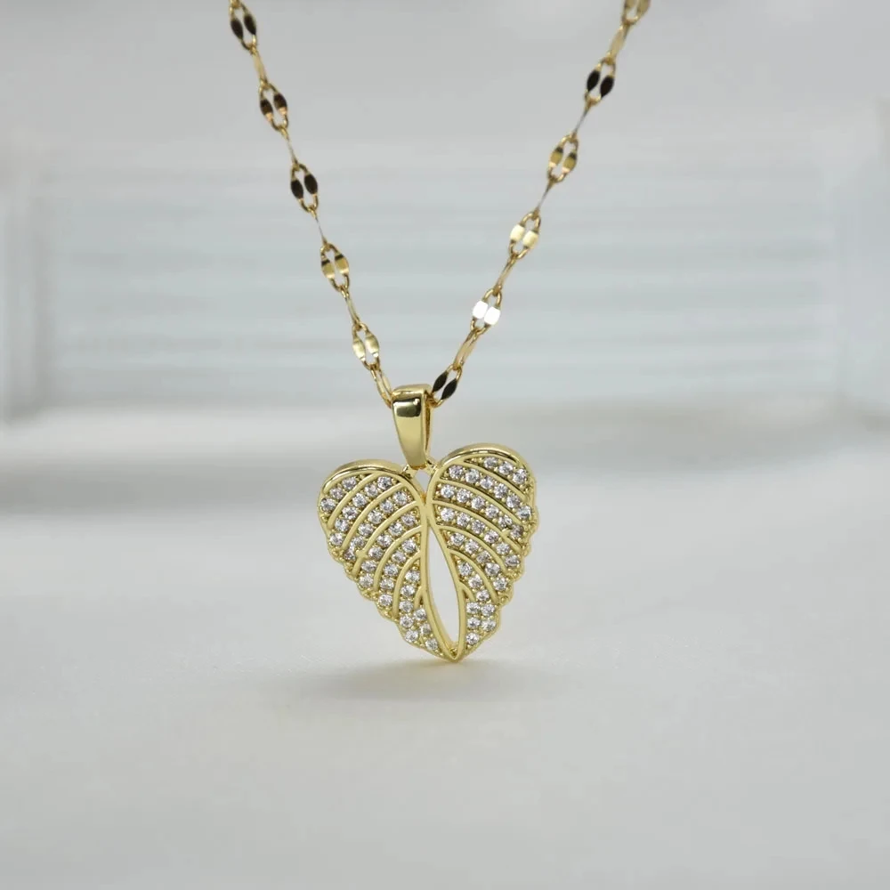 Gold Color Stainless Steel Necklace For Women 2022 O Chain with Copper Zirons Pendants Heart Wings Crown Shape Charms Butterfly