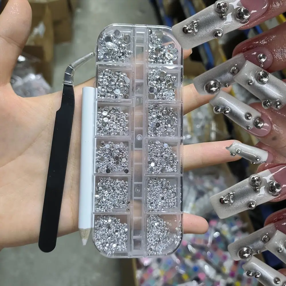 12 شبكة ثلاثية الأبعاد اللؤلؤ الفضي مسمار السحر مختلط الأحجام فلاتباك الكافيار الخرز مسمار الفن الديكور لتقوم بها بنفسك هالوين وعيد الميلاد مانيكير جزء #1