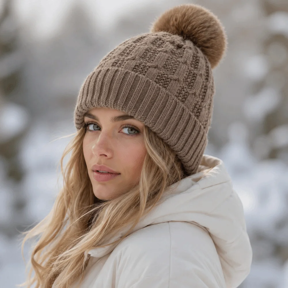 Versatile Thicken Winter Beanie Hat With Fur Pom Pom Soft Stretchy Warm Cap Unisex Knitted Winter Caps Outdoor Wear