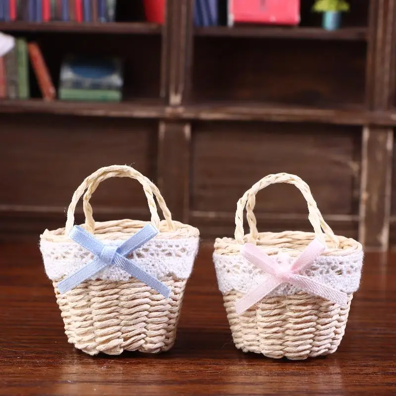 1/12 Dollhouse Cute Mini Rattan Hand Basket Model Dollhouse Kitchen Accessories Dolls House Decoration Toy Pretend Play Toys