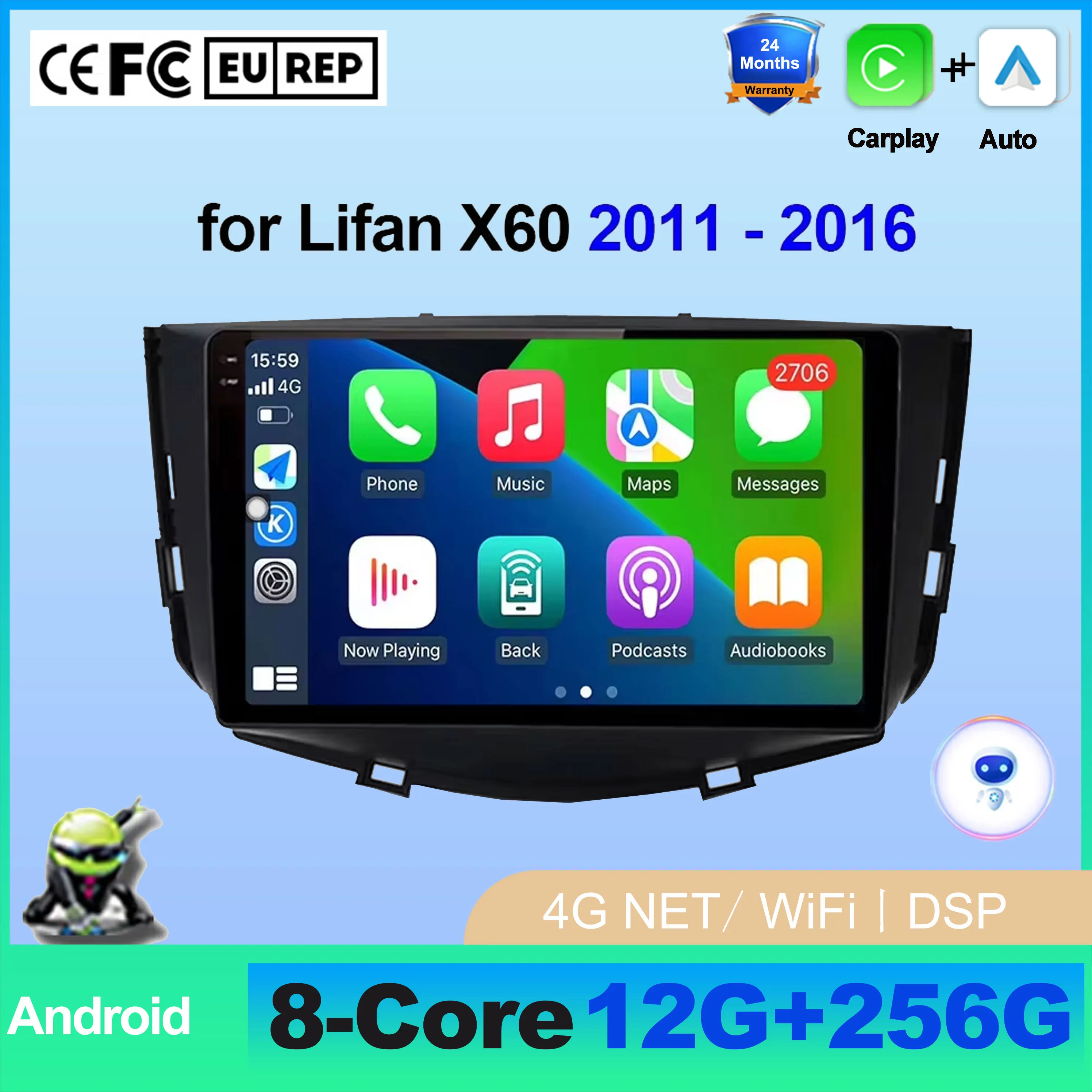 

Беспроводное CarPlay Android Auto радио для Lifan X60 2011-2016 с 4G+Wi-Fi, GPS, Bluetooth и DSP