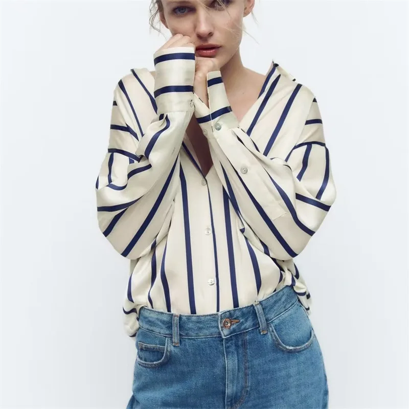 New Women's Shirt with Satin Stripes and Loose Satin Texture Printed Shirt for Women