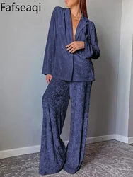 Golden Velvet Elegant Pantsuits Women's Pajamas Set Spring Wide Leg Trousers Home Suit Button Up Shirts Two-piece Set for Women