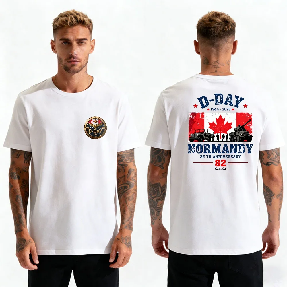 T-shirt décontracté en coton double face avec imprimé militaire feuille d'érable du Canada, 82e anniversaire de la Normandie 1944-2026, pour les amateurs d'histoire