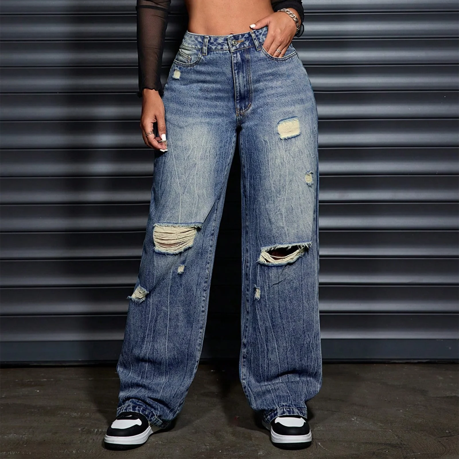 

Уличная одежда, женские широкие джинсы с дырками, рваные прямые свободные джинсовые брюки, весна-осень-осень, повседневные брюки