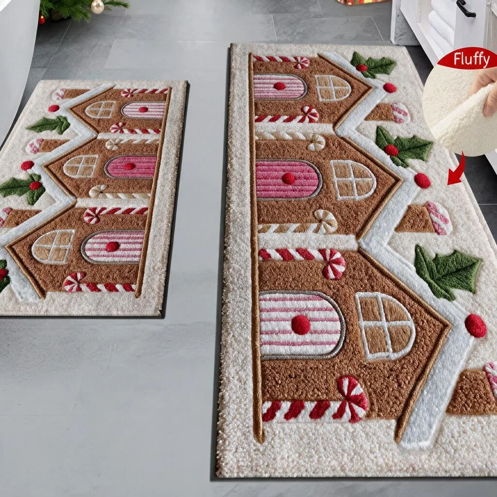 Christmas Long Kitchen Rug Flannel Plush Runner with Santa Claus Print Non Slip Water Absorbent for Bathroom Toilet Entryway