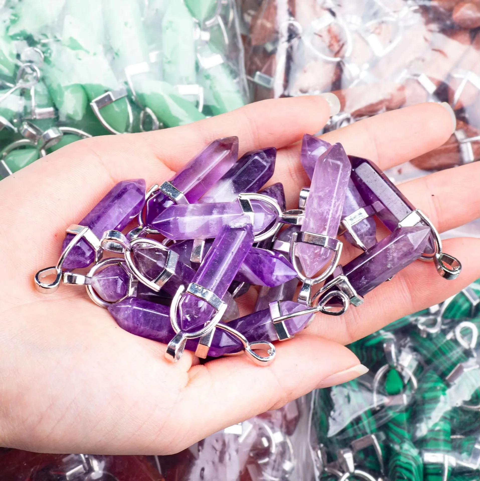 Natural Stone Crystal Hexagonal Point Pendants Quartz Bullet Hexagonal Pendulum Reiki Chakra DIY Jewelry Necklace Accessories