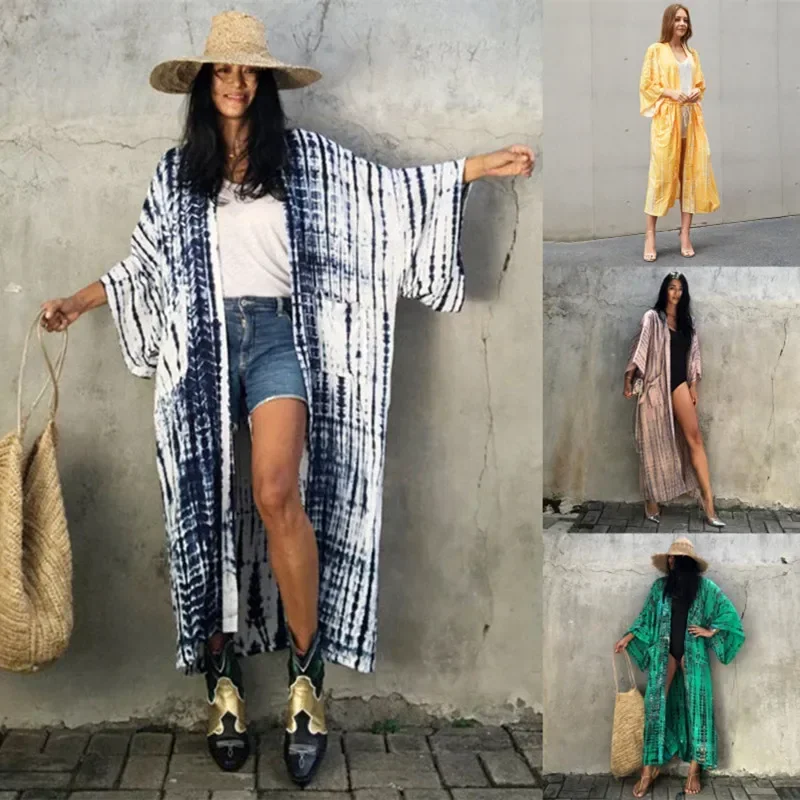 

Dyeing Vintage Beach Long Dress Women V Neck Oversize Robe Side Split Loose Kaftan Holiday Boho Maxi Dresses