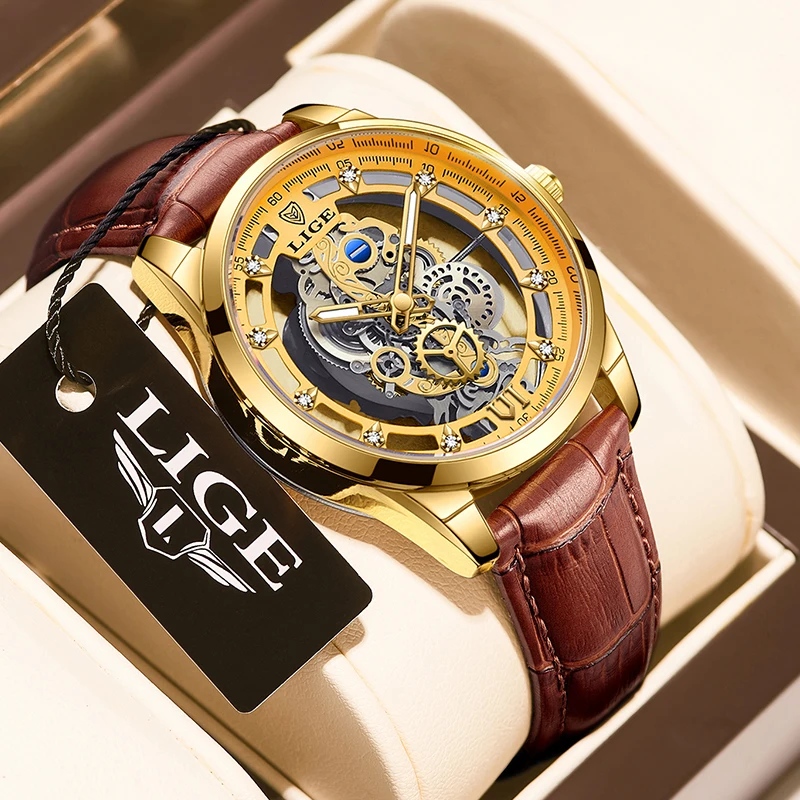

LIGE Original Man Watch Creative Hollow Design Leather Belt Clock Fashion Casual Sport Outdoor Simple Quartz Watches for Men+Box