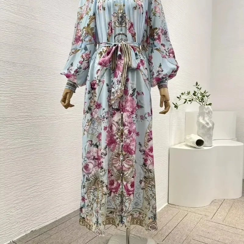 Women's Loose Style Floral Printing Dresses with Belt Sky Blue Flower Long Sleeve Diamonds Midi Dress High Quality Summer 2024