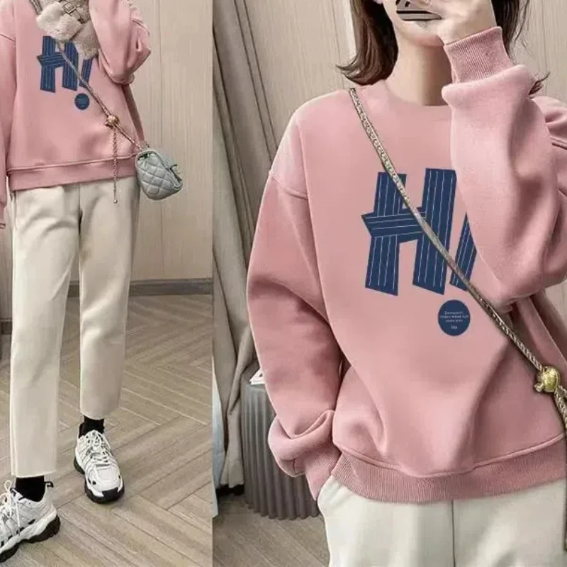 Wiosna jesień odzież damska list drukowanie sweter z okrągłym dekoltem latarnia koszula z długim rękawem bluzy Streetwear koreańskie topy