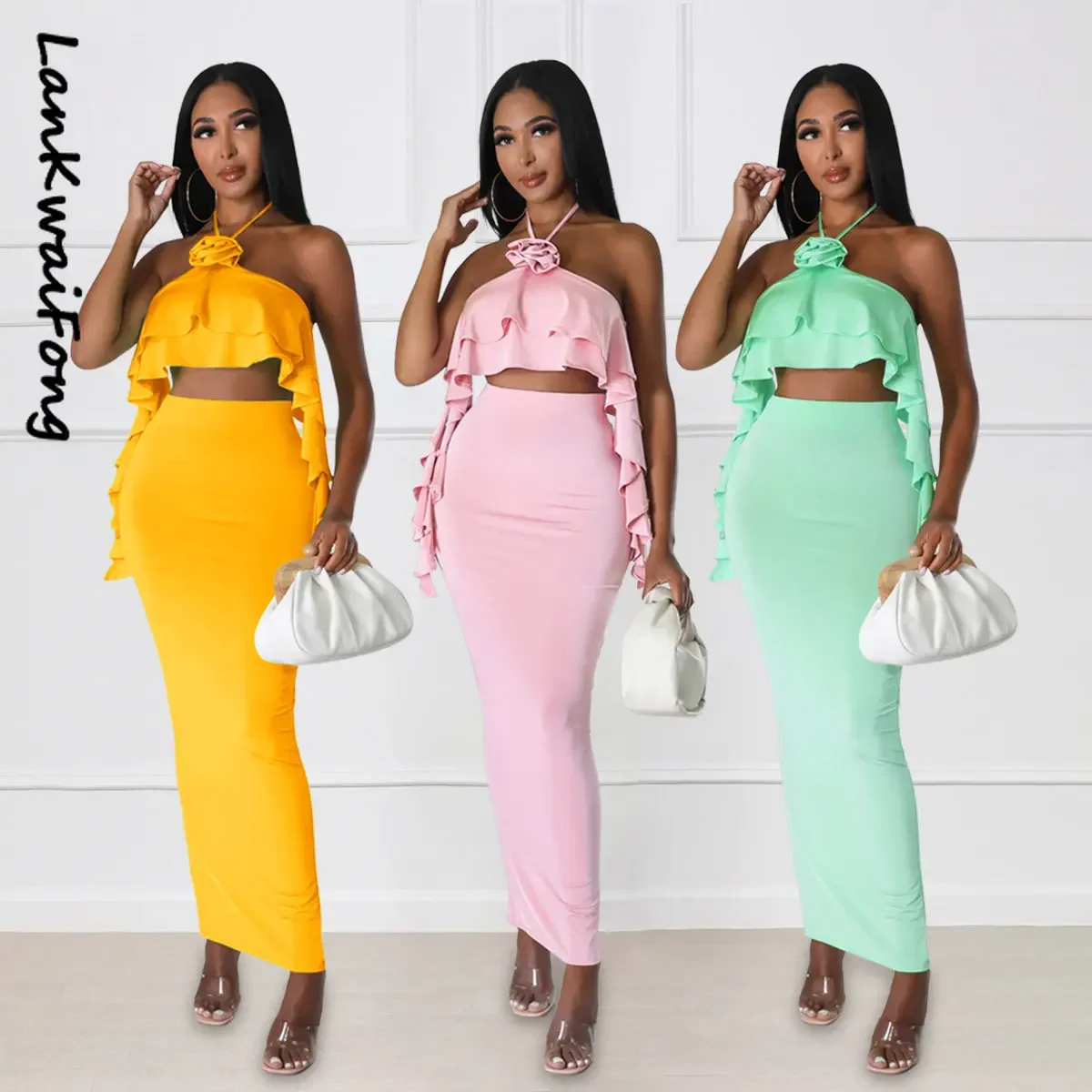 . Elegant Evening Dress Set Wrapped Chest Halter Neck Wooden Ear Top Top Navel High Waist Slit Long Skirt Two-piece Set