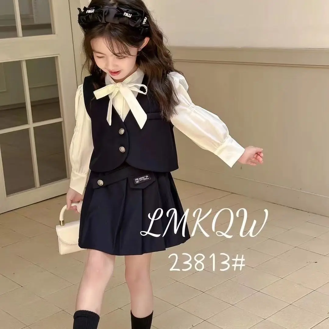 2-11Y Spring Fall Children Girl 3PCS Clothes Set Cotton White Ruched Bow Shirts Black Vest Pleated Skirts JK Suit Girl Outfit