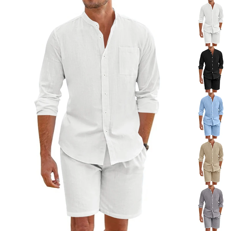 

A men's linen casual loose cardigan with a lapel long-sleeved shirt and shorts set