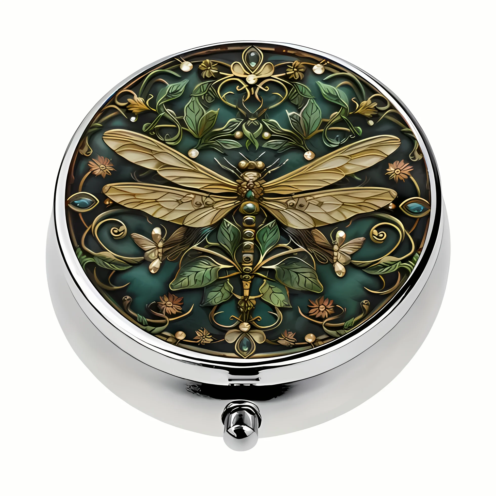 A metal round pill box with an exquisite vintage dragonfly pattern, a portable medicine storage box with a hinged lid, suitable for travel and daily use, a must-have travel storage box, decorative metal box, durable metal box