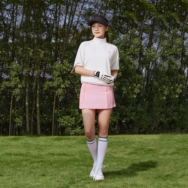 Golfist Ladies Golf Tennis Shirts Short Sleeve Stand Collar Tops Letter Printed Women Pleated Pencil Skirts Slim Golf Skorts Set