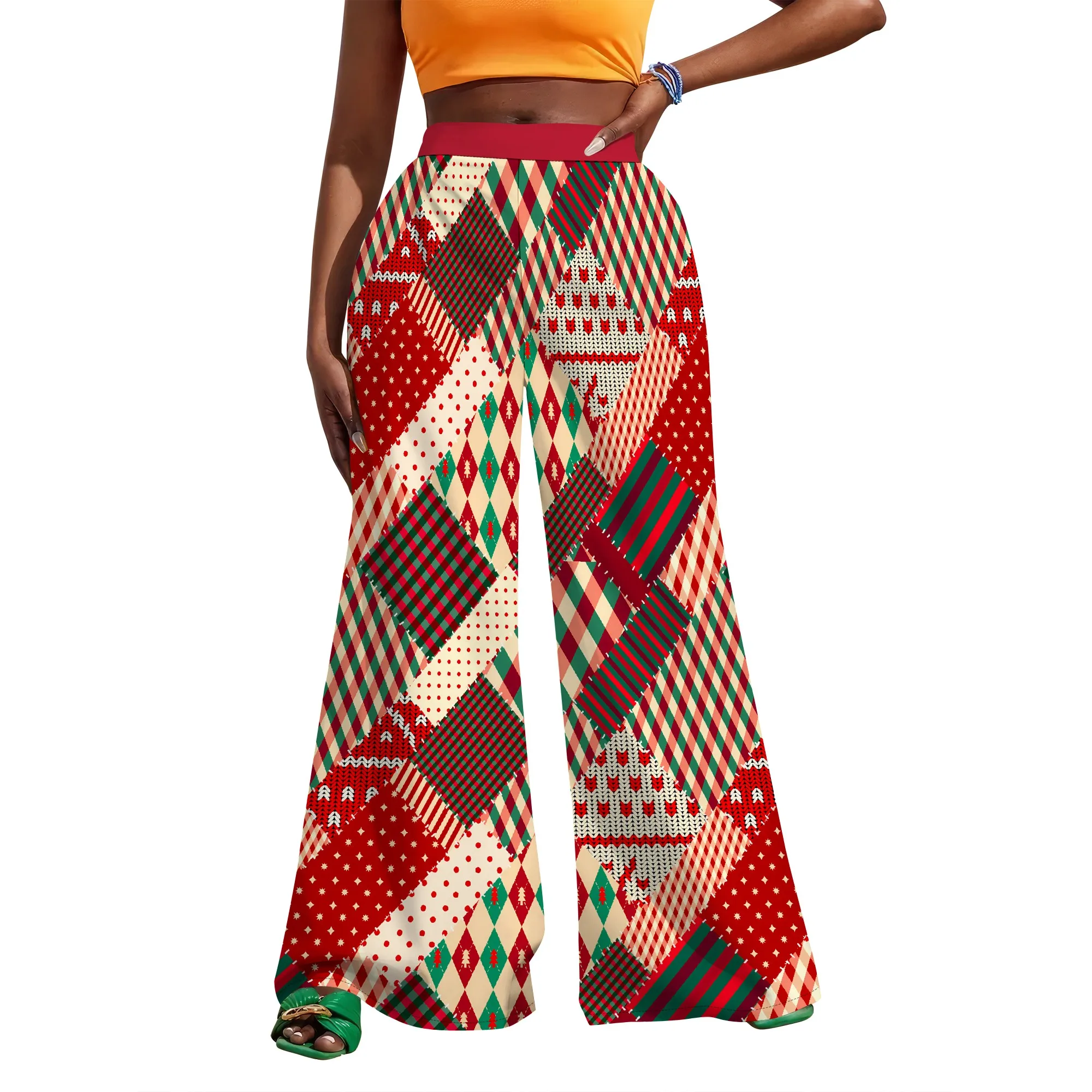 Christmas Patchwork Print Wide Leg Pants High Waist Flare Trousers Holiday Casual Style
