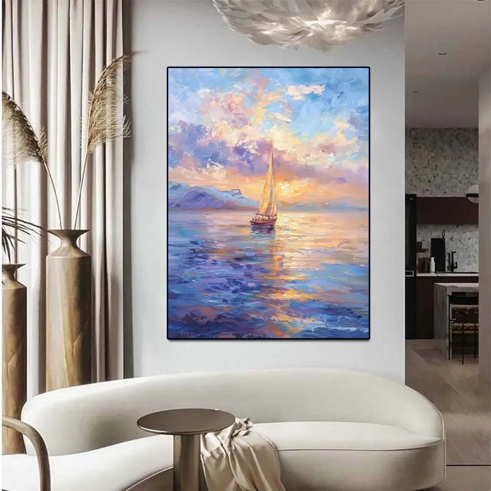 

Hand-painted seascape oil painting on canvas Thick texture decorative painting Sailing ship Wall art picture for living room