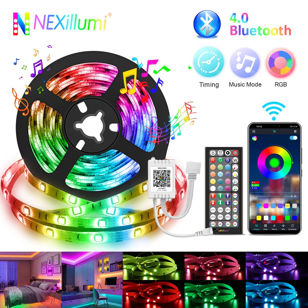 Taśma LED Nexillumi 5050 RGB, 5 m/10 m/15 m/20 m/30 m Bluetooth kontrola aplikacji wstążka do synchronizacji muzyki z adapterem 12 V/24 V do