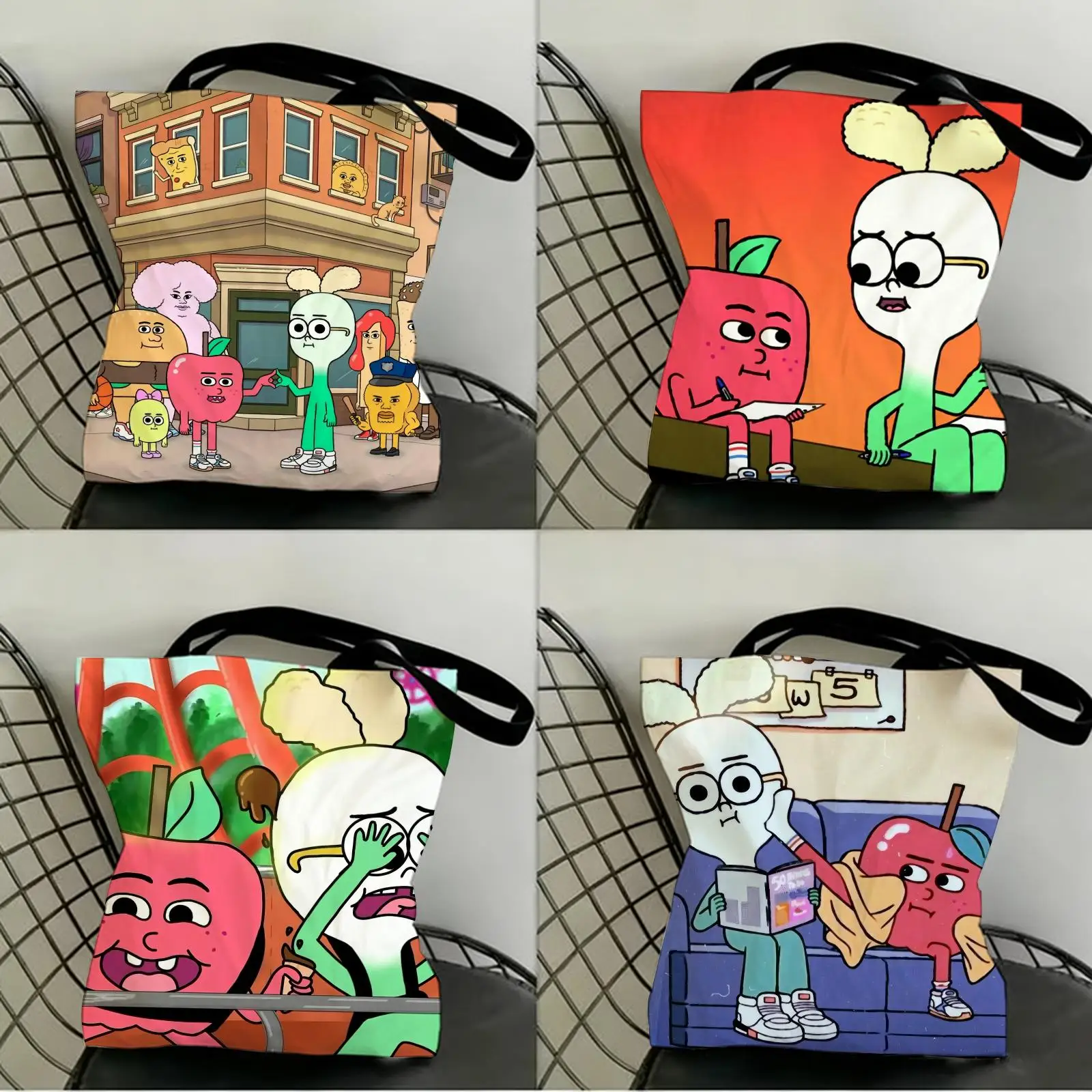 

Anime Food Apple And Onion Storage Bags Canvas Double-Sided Print Fashion Shoulder Tote Shopping Bag Gift Eco Handbags
