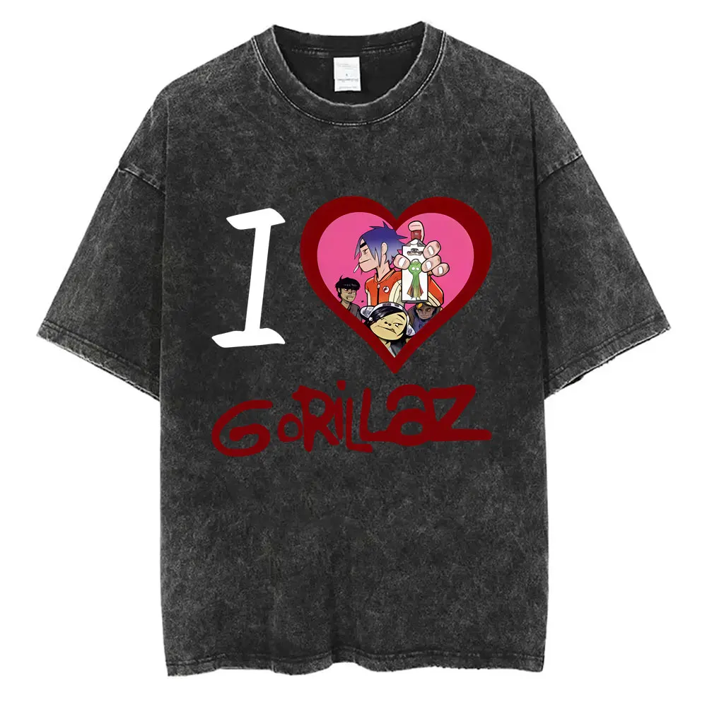 

I Love Gorillaz Washed Vintage T-shirt Men Women Rock Punk Oversized Short Sleeve T Shirt Men's Harajuku Retro Gothic Streetwear
